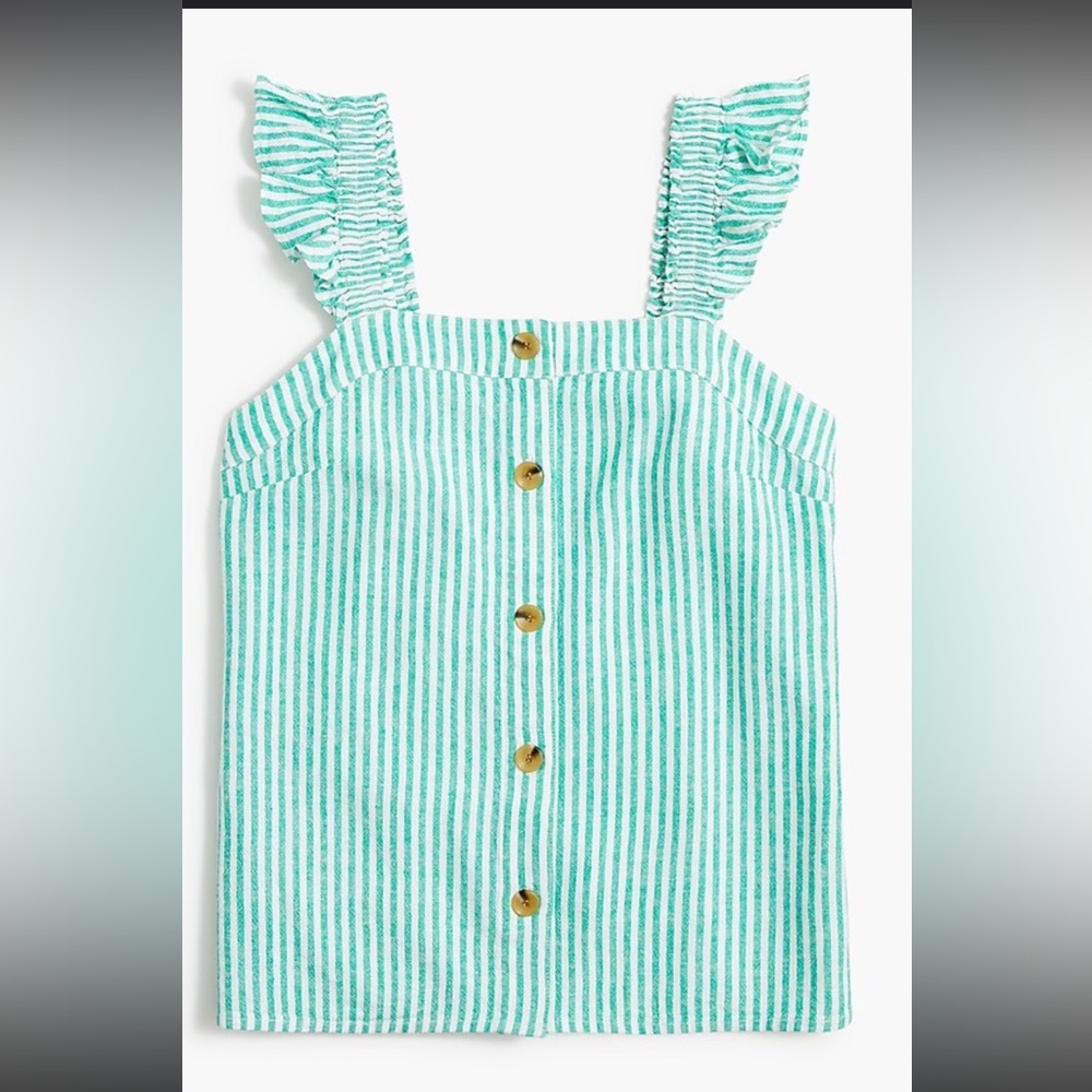 J Crew Linen-blend button-front tank top with ruffle straps
